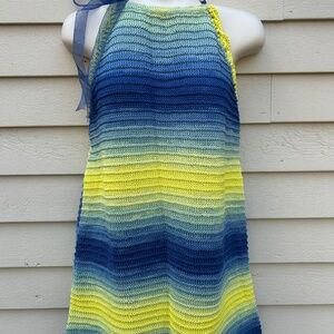 Handmade sleeveless sweater halter top in graduated blues & yellows. Size L.